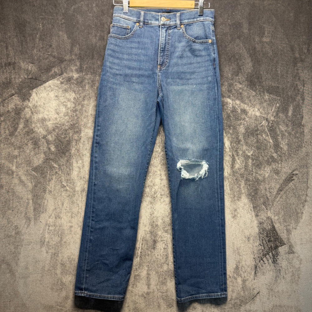 Express Jeans Womens 4R Blue Denim Modern Straight Super High Rise Distressed